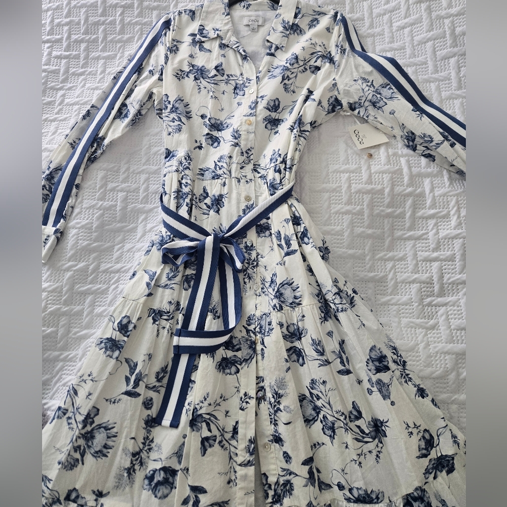 CeCe Blue and White Floral Long Sleeve Dress - Picture 7 of 7